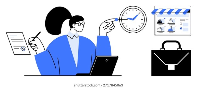 Gestión del tiempo, flujo de trabajo digital, negocio en línea, herramientas de trabajo remoto, comercio electrónico, firma electrónica. Mujer que señala en el reloj, sosteniendo la pluma y el ordenador portátil de papel cerca de los iconos del negocio. Gestión del tiempo