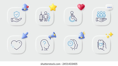 Time management, Disability and Insurance hand line icons. Buttons with 3d bell, chat speech, cursor. Pack of Dating app, Heart, Psychology icon. Medical vaccination, Best buyers pictogram. Vector