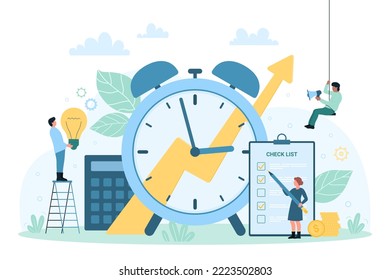 Time management discipline vector illustration. Cartoon tiny people holding light bulb, pencil to check tasks in checklist of clipboard near big clock, busy characters work on challenges, projects