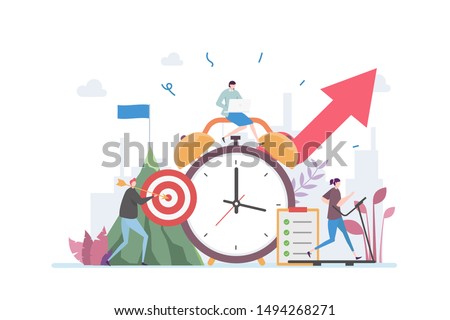 
Time Management Discipline Vector Illustration Concept Showing active group of people doing their daily routine productively to reach goal, Suitable for landing page, ui, web, App intro card