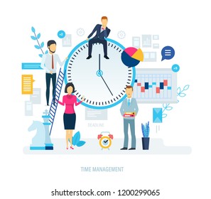 Time management, distribution of priority of tasks, strategic planning, organization of working time, management schedule, control over compliance with deadlines implementation. Vector illustration.