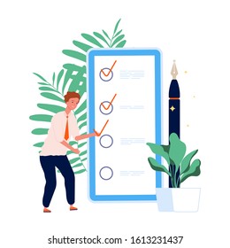 Time management. To do list, man and mobile planning. Self management online vector concept