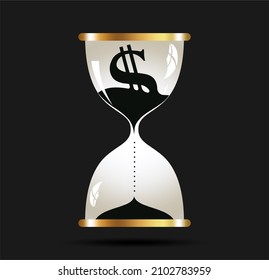 Time management. The dollar symbol is sinking in the hourglass. Finance clock, countdown concept deadline. Vector illustration.