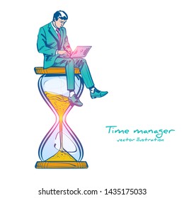 Time management drawing sketch control. Vector illustration cartoon design. Isolated on background. Businessman with laptop sitting working sitting on a big hourglass. Organization of process. 