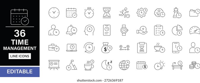Paquete de iconos de línea editables de Time Management. Programa, productividad, planificador, fecha límite, eficiencia, recordatorio, objetivo, flujo de trabajo, tarea, trabajo, rutina, temporizador, organización, lista de comprobación y más iconos.