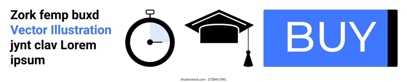 Gestión del tiempo, educación, comercio electrónico, compras en línea, plataformas de aprendizaje, éxito académico. Cronómetro, gorra de graduación comprar Botón sobre fondo blanco. Conceptos de gestión del tiempo y educación