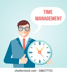 Time management for effective business day planning businessman cartoon character retro style print poster vector illustration