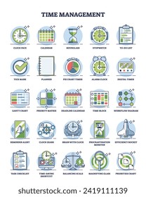 Time management and effective business planning outline icon collection set. Labeled list with work organization and efficiency elements vector illustration. Deadline, productivity and schedule items