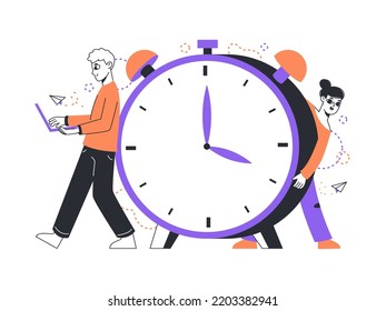 Time management, effective business schedule organising. Man and woman time schedule managers with big clock flat vector illustration. Work process organising outline concept