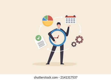 Time management effective day to day concept. The clock is a powerful symbol for business meetings, schedule. Businessman standing holding a big clock.