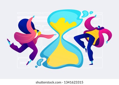 Time management, effective time spending, time planning concept. Vector isolated concept illustration. Small heads and huge legs people. Hero image for website.