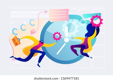 Time management, effective time spending, time planning concept. Vector isolated concept illustration with tiny people and floral elements. Hero image for website.