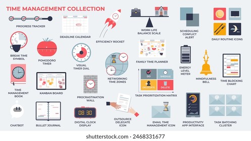 Time management for effective work organization tiny person collection set. Labeled elements with task schedule planning, project urgency and efficiency vector illustration. Business scheduling.
