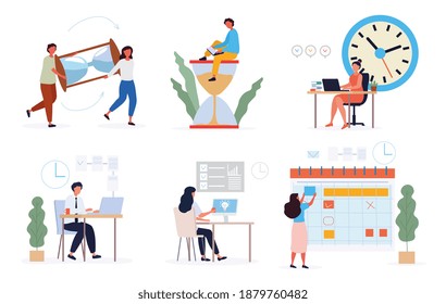 Time Management and efficiency concept showing businesspeople working to deadlines with hourglasses and clocks, set of colored flat vector illustrations isolated on white background