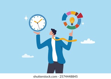 Time management, efficiency, productivity to finish work, delegation, finish tasks, prioritize responsibility, manage schedule, planning concept, businessman holding time clock with pie chart routine.