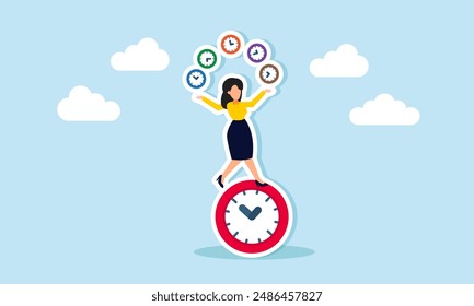Time management for efficiency and productivity: manage projects, control schedules, and work quickly, concept of businesswoman juggling clocks and balance herself on the clock.