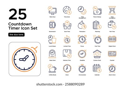 Time Management and Efficiency. Productivity, Work Schedule, and Deadline Icons. Vector Illustration. Oultine duo tone icon set