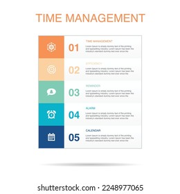 Administración de tiempo, eficiencia, recordatorio, alarma, calendario, iconos Plantilla de diseño de diseño de infografía. Concepto de presentación creativa con 5 pasos