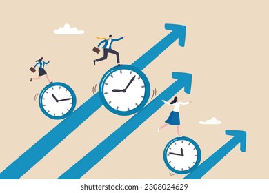 Time management, effort or efficiency boost, productivity to finish project, teamwork or planning, multitasking or finish work within deadline concept, business people riding clock up rising arrow.