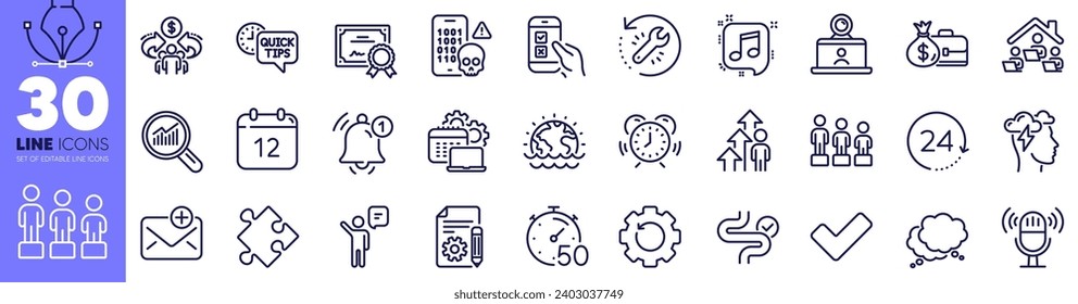 Time management, Employee result and 24 hours line icons pack. Recovery gear, Digestion, Musical note web icon. New mail, Cyber attack, Speech bubble pictogram. Microphone, Agent, Salary. Vector