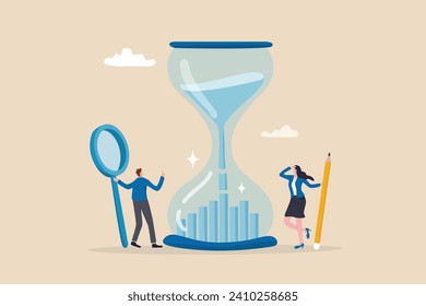 Time management or employee timesheet analysis, time tracking efficiency or productivity, working hour or project schedule concept, business people project manager analyze time graph in sandglass.