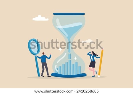Time management or employee timesheet analysis, time tracking efficiency or productivity, working hour or project schedule concept, business people project manager analyze time graph in sandglass.