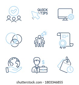 Administración de tiempo, diagrama de Euler y conjunto de iconos de línea de mayúsculas y minúsculas de Businessman. Certificado de Diploma, Salvar planeta, grupo de personas. Preferencias del monitor, embajador de marcas y signos de consejos rápidos. Vector