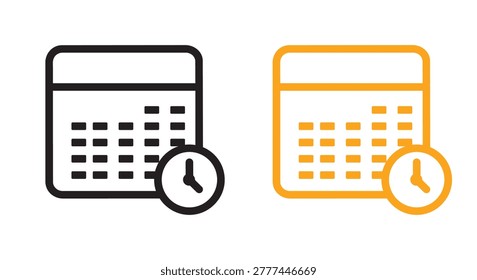Time management and event planning icons. Outline calendar with clock symbol for schedule reminders.