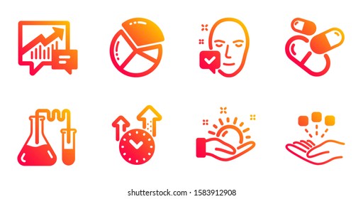 Time management, Face accepted and Sunny weather line icons set. Capsule pill, Chemistry lab and Pie chart signs. Accounting, Consolidation symbols. Office clock, Access granted. Science set. Vector