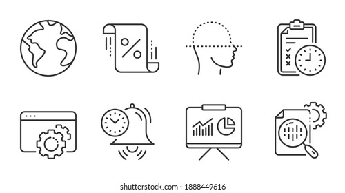 Time management, Face scanning and Exam time line icons set. Presentation, World planet and Seo gear signs. Loan percent, Seo stats symbols. Alarm clock, Faces detection, Checklist. Vector