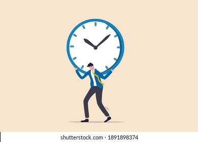 Time management failure, freedom to spend time with family and loved one, overworked or office worker routine work overtime concept, depressed businessman salary man carry heavy big clock burden.