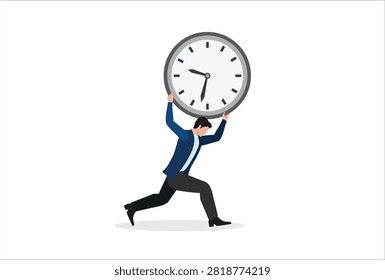 Time management failure, freedom to spend time with family and loved one, overworked or office worker routine work overtime concept, depressed businessman salary man carry heavy big clock burden.
