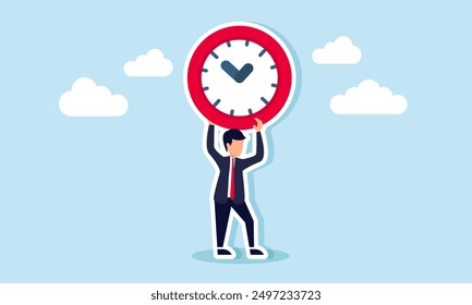 Time management failure overworked office worker struggles to find time for family and loved ones, concept of depressed businessman salary man carry heavy big clock burden.