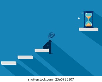 Time management failure, time problem. Businessman sad about the gap between the stairs and the hourglass