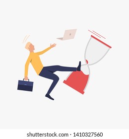 Time management failure vector illustration. Man with briefcase dropping laptop and sand glass and falling. Business concept. Illustration can be used for topics like project, schedule, delay