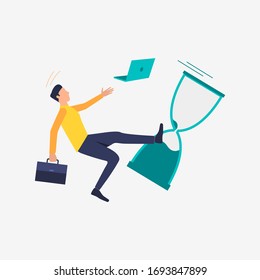 Time management failure vector illustration. Man with briefcase dropping laptop and sand glass and falling. Business concept. Illustration can be used for topics like project, schedule, delay