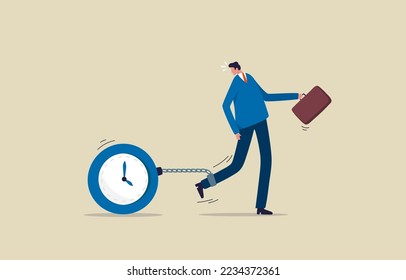 Time management failure.Heavy work makes people trapped in time. Businessman pulling clock shaped ball and chain. illustration