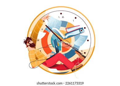 Time management in a fast-paced work environment, vectr illustration. Man lies within clock circle with laptop on knees, books and documents on clock, infographic on clock.