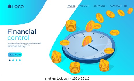 Time management and Financial control.Big clock and flying coins.The concept of cash flow management.Time is money.Isometric vector illustration.The template of the landing page.
