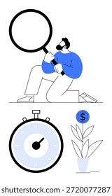 Time management, financial planning, analysis, money growth, productivity, savings. A man holds a magnifying glass, stopwatch and a money plant. Highlights financial planning and time management