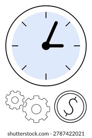 Time management, financial planning, productivity, efficiency, business strategy, workflow. Clock with gears and dollar symbol. Time management and financial planning concepts