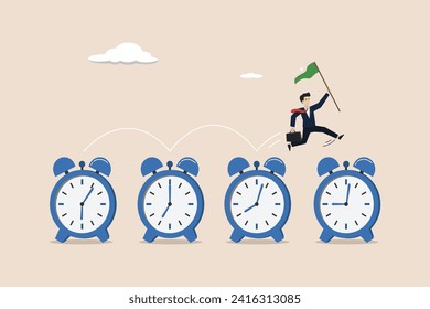 Time management, finish project within deadline, procrastination or work productivity, fast pace project concept, businessman expert jumping on time passing alarm clock.