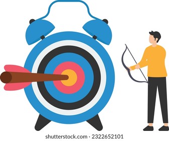 Time management to finish work within deadline, Productivity or efficiency to reach goal, Project timeline, Holding bow after shot at bullseye target on stopwatch

