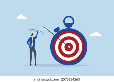 Time management to finish work within deadline, intelligent entrepreneur with bow in hand after hitting the bullseye on the timer. 