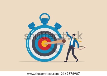 Time management to finish work within deadline, productivity or efficiency to reach goal, project timeline concept, smart businessman holding bow after shot at bullseye target on stopwatch.