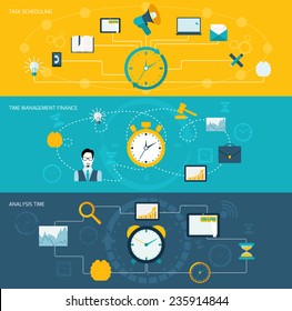 Time management flat banner set with task scheduling finance analysis set isolated vector illustration.