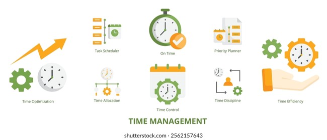 Time Management Flat Banner Web Icon Set Vector Illustration