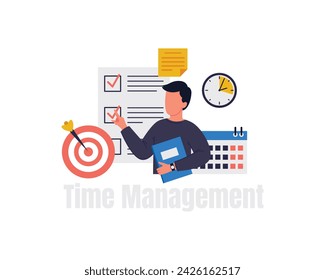 Time management flat color vector faceless character. Planning and strategy. Businessman with clipboard and target isolated cartoon illustration for web graphic design