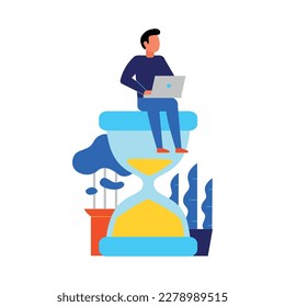 Icono conceptual plano de gestión del tiempo con persona sentada en horquilla y trabajando en ilustración vectorial de portátil