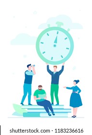 Time management - flat design style illustration on white background. A composition with business team working on a project. An employee holding big timer, clock, man with binocular. Deadline concept